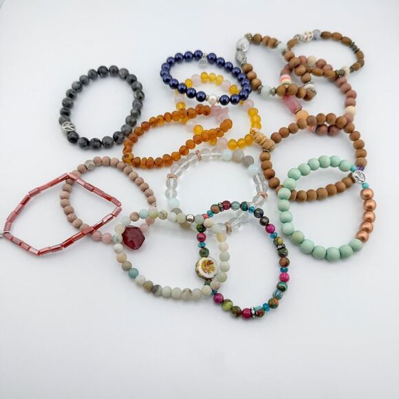 Vintage 14-Piece Crystal Stone Bracelets Boho Versatile Casual Natural Stretch - Picture 1 of 13